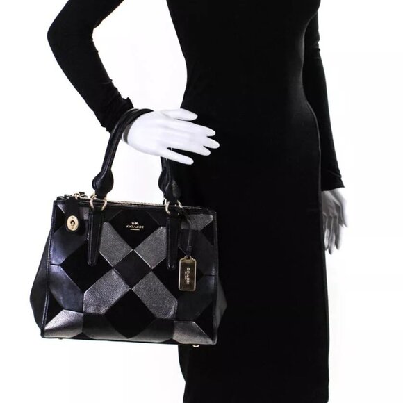 Coach Womens Double Handle Logo Metallic Patchwork Satchel Handbag Black 36531 - Picture 4 of 11